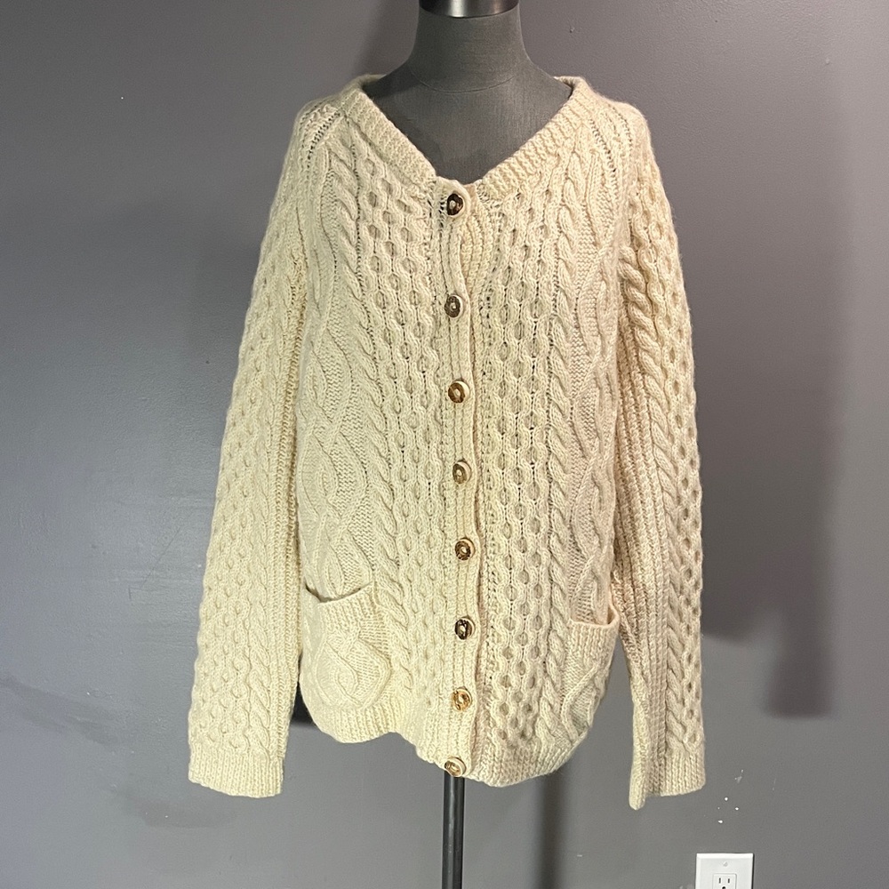 Pure wool cable knit cardigan with unique buttons.  Made in Scotland - gorgeous!